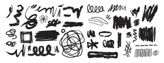 Messy pencil curly lines and Scribble brush strokes doodle set. Hand drawn elements marker scribbles.