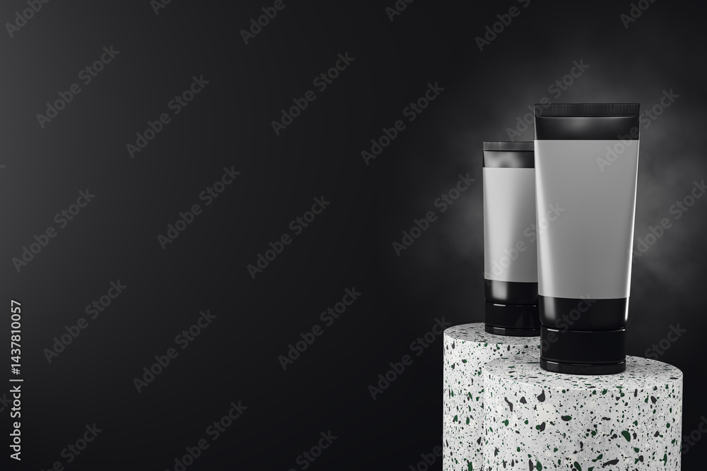 Leinwandbilder minimalistic cosmetic tube mockup on terrazzo pedestals with dark background and soft light for prod