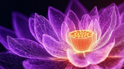 Obraz premium A glowing lotus flower illustration with purple petals and an orange center, created with digital wireframe and neon effects on a dark background