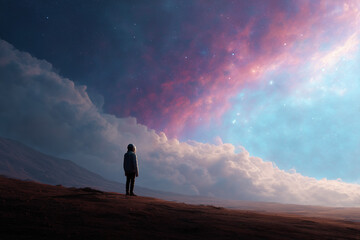 A space explorer standing on an alien planet beneath a colorful nebula-filled sky, vivid cosmic details, and a sci-fi atmosphere.