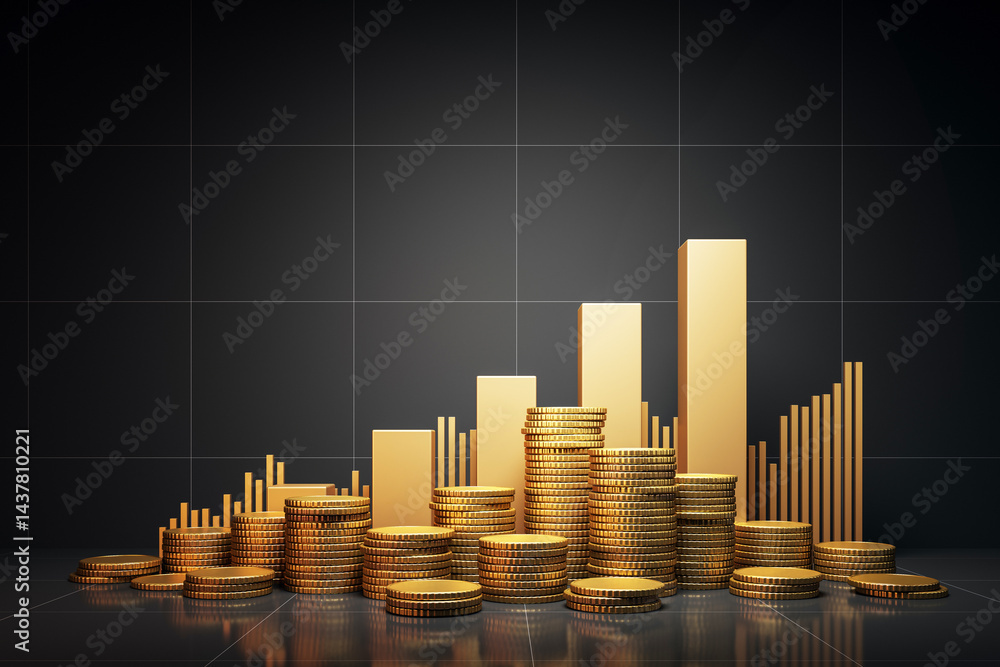 Poster golden coin stacks and bar graph representing financial growth, investment returns, and economic suc