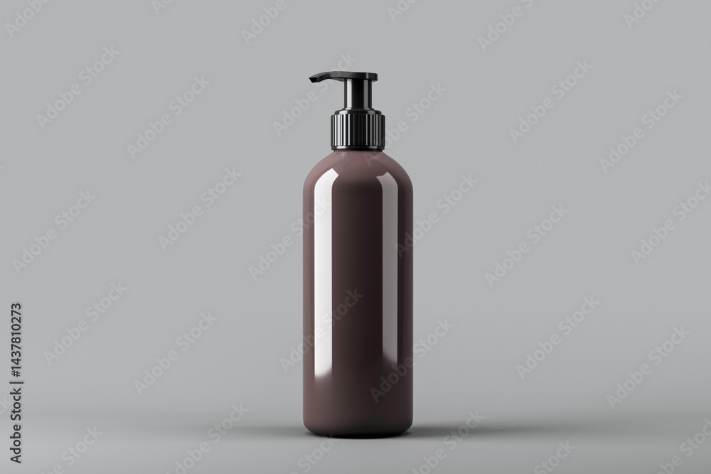 Poster Dark plastic pump dispenser bottle mockup on gray background for branding or product presentation template with clean minimalistic style. 3D Rendering
