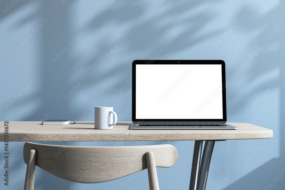 Poster blank laptop screen on wooden desk with mug and notebook in minimal modern office setup with light b