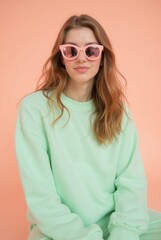 Fototapeta premium Young woman in mint green sweatshirt and pink sunglasses against peach background