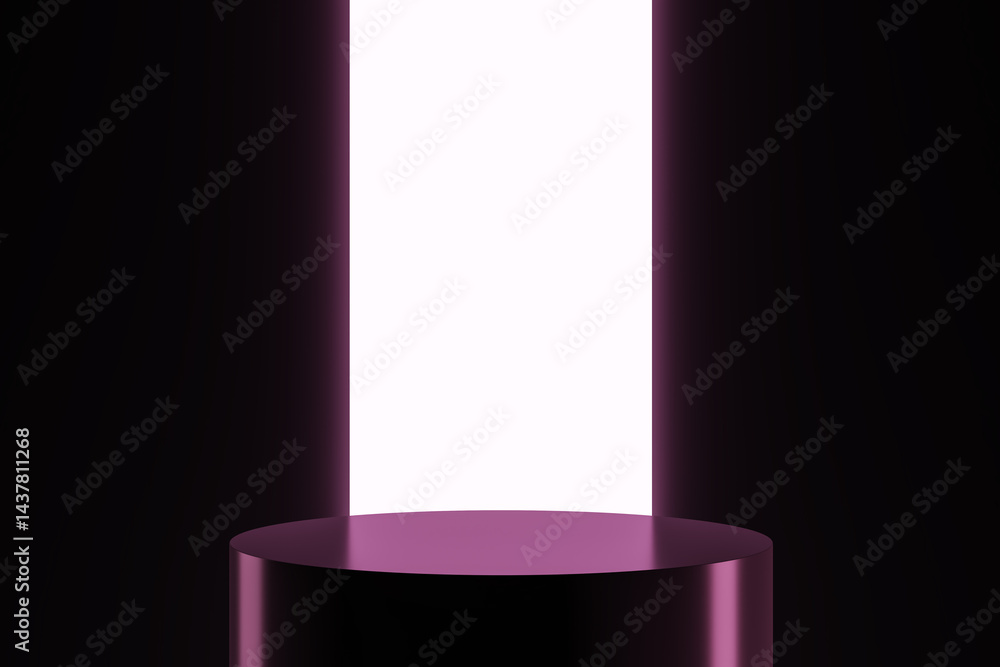 Poster Modern dark background with glowing light and purple round podium for product presentation and branding concept on clean empty stage platform. 3D Rendering