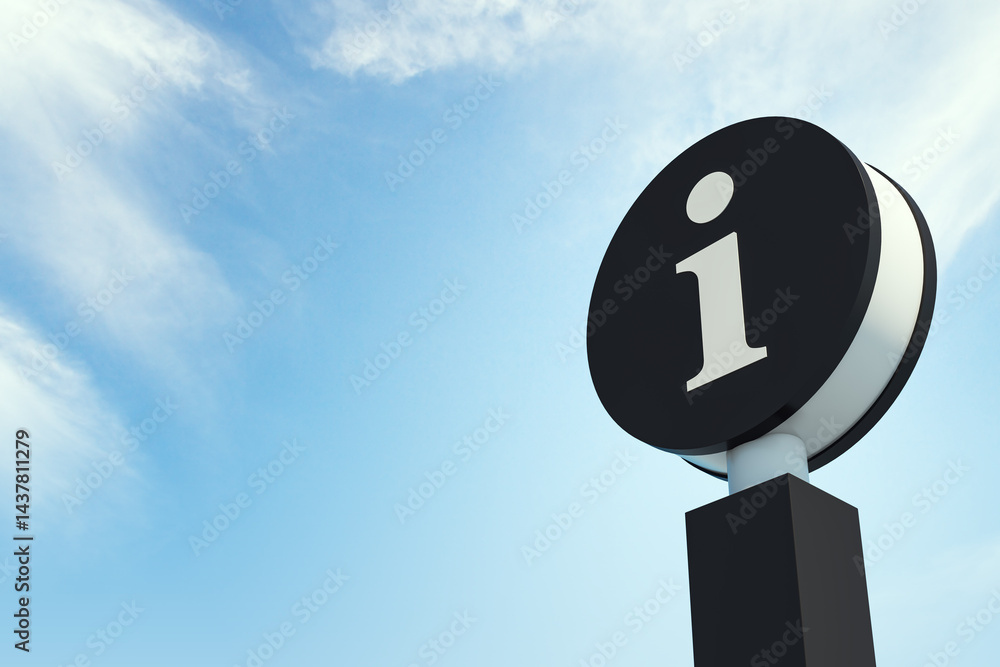 Poster Information symbol signage on pole against blue sky background with soft clouds, representing help or guidance service concept clearly. 3D Rendering