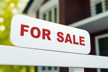 Real estate "For Sale" sign with bold red letters in front of residential home building, bright background, representing property mortgage concept. 3D Rendering