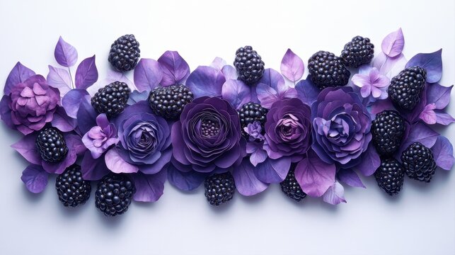 Vibrant Floral Arrangement with Purple Roses, Leaves, and Blackberries on a Soft White Background
