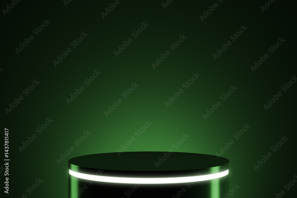 Poster Green illuminated round podium with neon light on dark background for product presentation and modern branding mockup. 3D Rendering. 3D Rendering