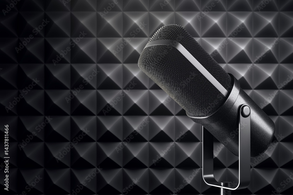 Poster close-up of modern black microphone with mesh texture and stand for business audio technology concep