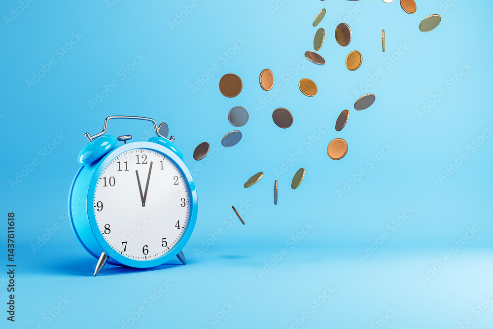 Poster Blue alarm clock with coins flying in the air on blue gradient background symbolizing time and money concept in financial investment metaphor. 3D Rendering