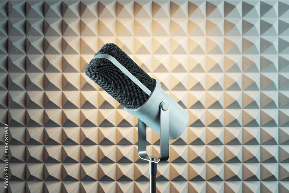 Poster Close-up of modern black microphone with mesh texture and stand  for business audio technology concept. 3D Rendering
