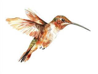 A hummingbird hovering mid-air, wings blurred in motion, beak forward