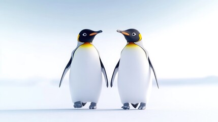 Fototapeta premium Two penguins walking side-by-side on a snowy landscape
