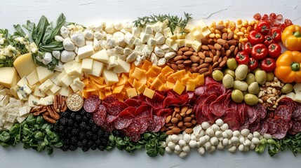 Colorful array of assorted cheeses, meats, nuts, and fresh vegetables on a white background for culinary presentation