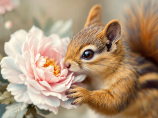 Obraz premium A small squirrel gently sniffing a delicate pink flower in a serene setting.