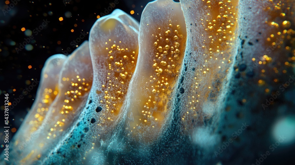Poster abstract microscopic view of cellular structures, featuring gold particles and dynamic colors