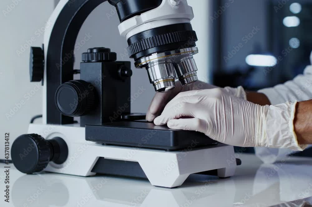 Poster a close-up shot of a scientist's hands with a microscope in the laboratory