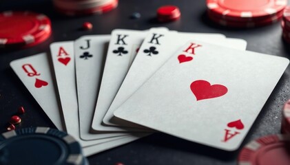 Obraz premium Playing cards arranged in a royal flush sequence , game, design, clubs