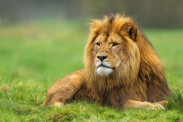 Lion resting peacefully on the grass in the wild