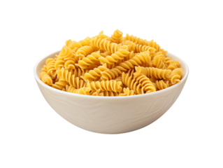 A white bowl filled with a large portion of uncooked fusilli pasta spirals transparent background png