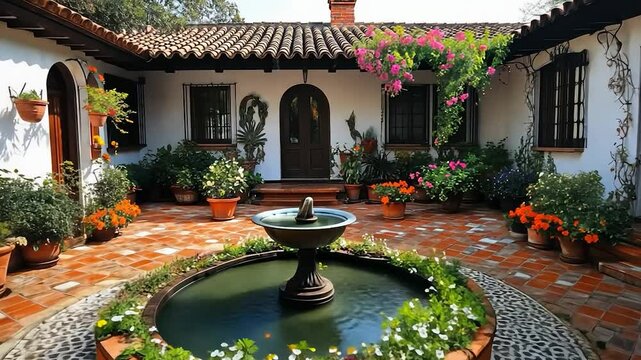 Beautiful, sun-drenched courtyard with flowers, fountain, and whitewashed walls.