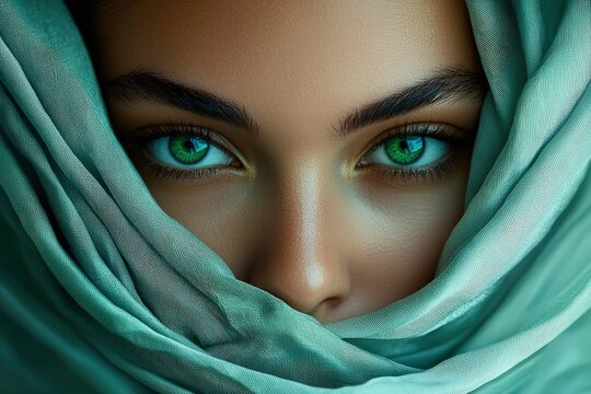 Captivating emerald eyes: woman with teal headscarf and intense gaze