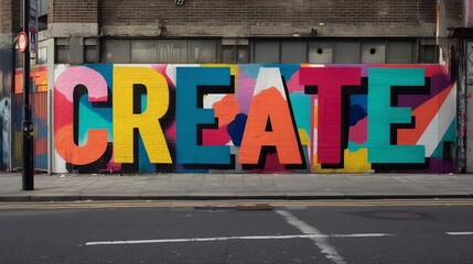 A colorful and vibrant street mural spelling "CREATE" on a city wall, inspiring creativity and artistic expression through bold, graphic design