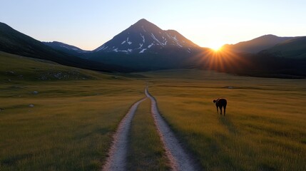 Sunrise over mountain meadow path