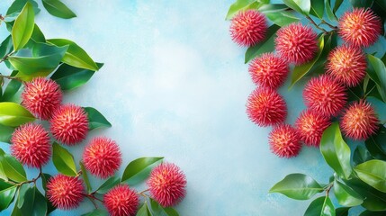 Vibrant Red Spiky Fruits Surrounded by Green Leaves on a Soft Blue Background for Nature and Food Themes