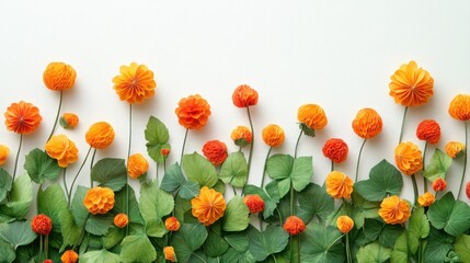 Vibrant Orange Paper Flowers with Green Leaves Arranged Neatly on Light Background for Creative Projects