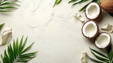 Fresh Coconut Halves Surrounded by Green Leaves and Tropical Elements on a Light Textured Background