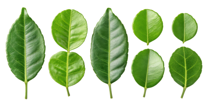 Kaffir lime leaf with glossy texture and vibrant green color showing different shapes and sizes in natural fresh arrangement