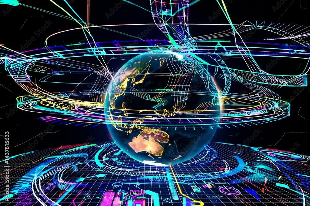 Poster digital earth and big data visualization are combined with a hud grid and moving corners on the back