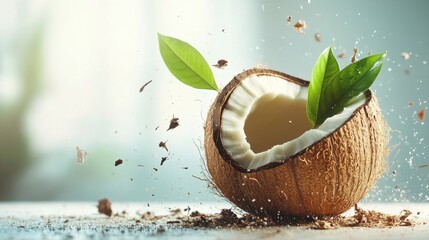 Fresh Coconut Breaking Open with Leaves and Shattering Shell in Bright Natural Light