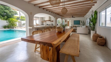 Wooden table and wicker chairs illuminating open space living room with kitchen and pool in a modern bali house © MiguelAngel