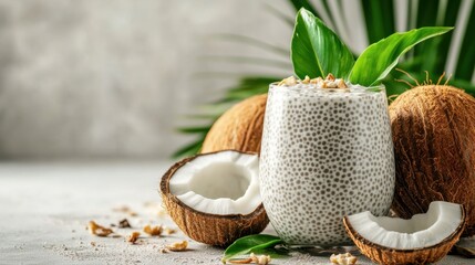 Refreshing Coconut Chia Pudding in Glass with Whole Coconuts and Green Palm Leaves Decor
