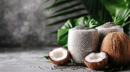 Refreshing Coconut Chia Seed Pudding with Fresh Coconut Shells and Tropical Greenery Background
