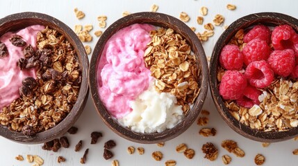 Colorful and Healthy Yogurt Bowls with Granola and Fresh Fruits on a White Background for Breakfast Inspiration