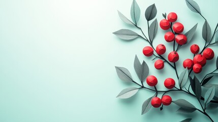 Delicate Paper Craft with Red Berries and Green Leaves on Soft Mint Background for Creative Projects