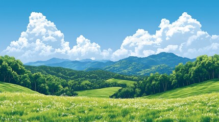 Obraz premium Lush green valley with trees under sunny blue sky with fluffy clouds