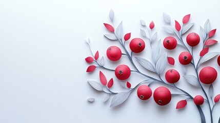 Beautiful Paper Art of Red Berries and Leaves on a White Background for Creative Designs and Illustrations