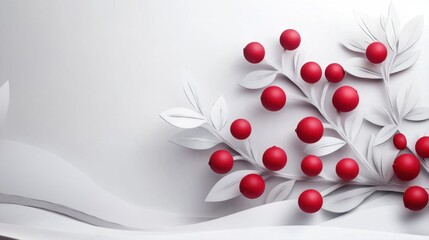 Minimalist Floral Design with Red Berries and White Leaves on Soft Background