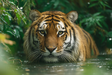 Fototapeta premium Close-up of a tiger in the wild, emerging from the water