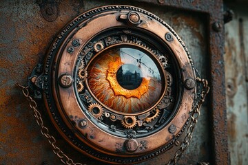 Fototapeta premium Futuristic steampunk eye portal with intricate gears and rusty metal surround