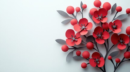 Elegant Red Paper Flowers with Green Leaves on a Light Background for Creative Designs and Crafts