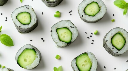 Freshly Made Sushi Rolls with Cucumber and Garnishes on a Clean White Background