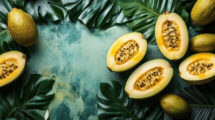 Fresh Yellow Papaya Slices Surrounded by Tropical Green Leaves on a Textured Background