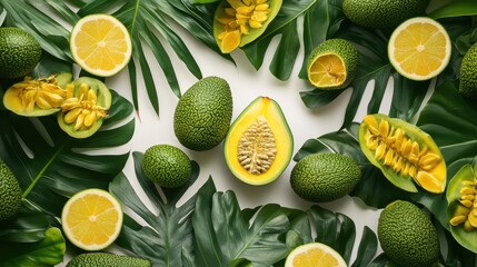 Colorful Tropical Fruits with Green Leaves, Avocado, Lemon, and Grown Exotic Plants Flat Lay Arrangement