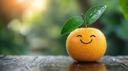 Happy Orange Fruit with Cartoon Smile and Dew Drops Surrounded by Lush Green Background